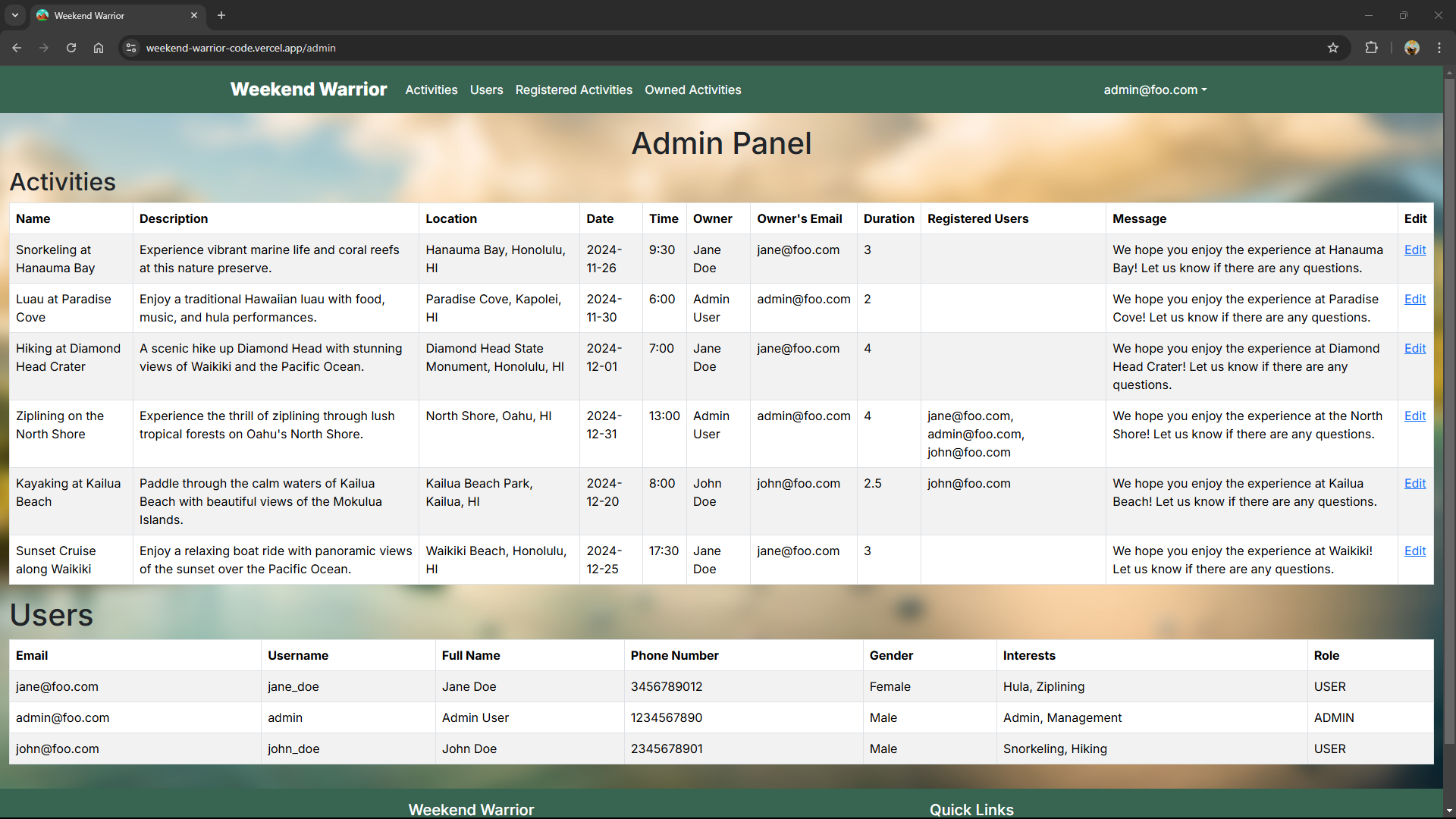 Admin Page Screenshot 1