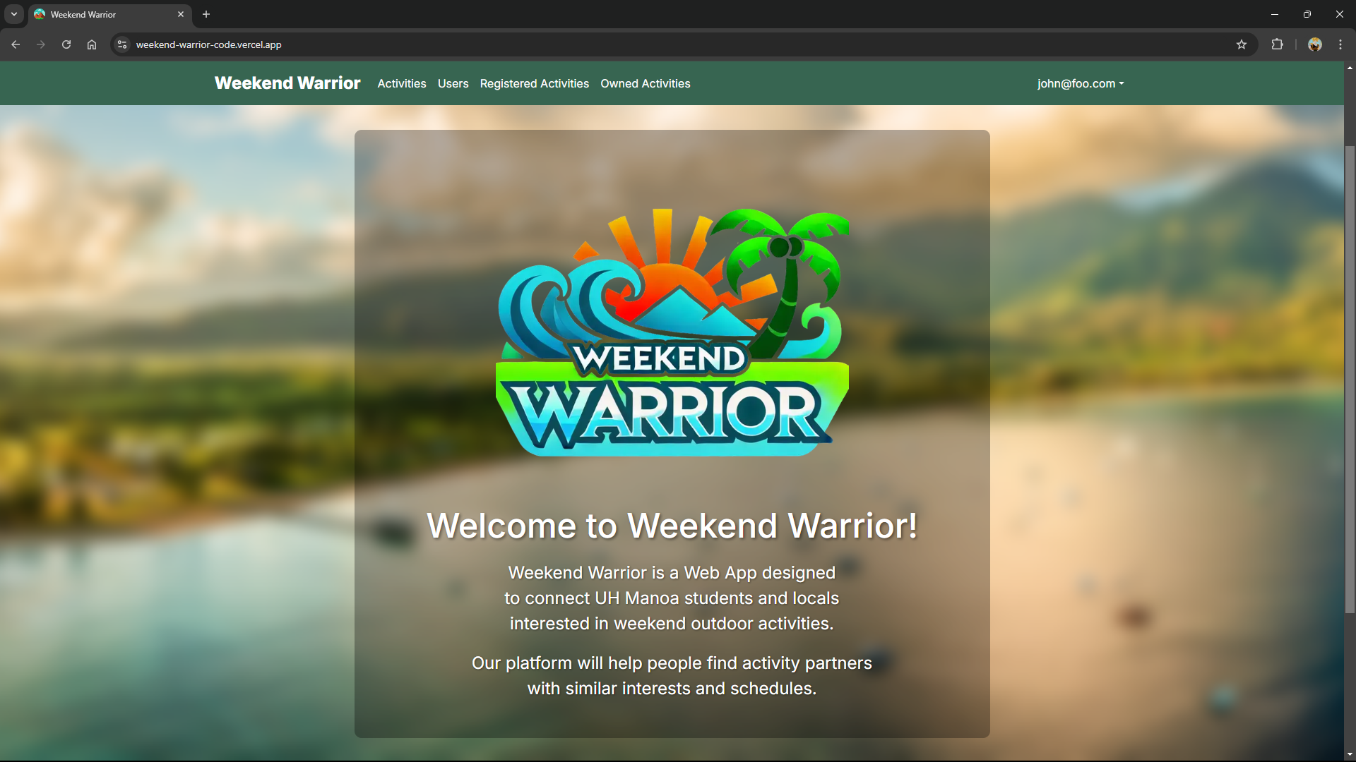 User Home Page Screenshot